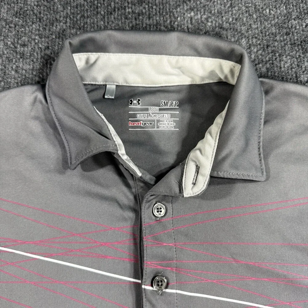Under Armour Mens Golf Polo Size Small Gray Pink Line Print HeatGear Loose Fit
